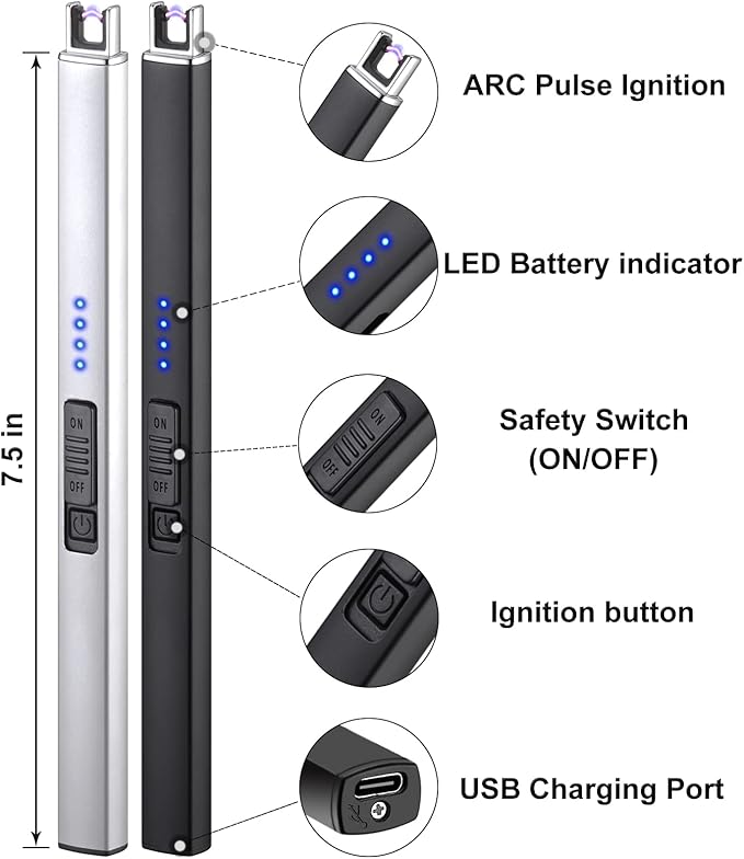 2 Pack Electric Candle Lighter Long Lighter USB Rechargeable Lighter Arc Flameless Plasma Windproof for Candle Camping