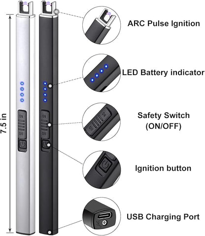 2 Pack Electric Candle Lighter Long Lighter USB Rechargeable Lighter Arc Flameless Plasma Windproof for Candle Camping