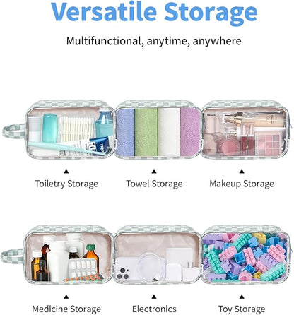 Narwey Checkered Clear Makeup Bag Cosmetic Bag with Zipper for Travel, Clear Toiletry Bags for Traveling Toiletries Women Men, Make Up Pouch with Handle, Skincare Bag (Mint Green Checkerboard)
