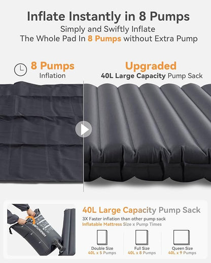 Hikenture Camping Mattress 2 Person Double Sleeping Pad for Camping, 4" Extra-Thick Inflatable & Ultralight Sleeping Air Mat for Backpacking, Hiking (Grey Pumpsack, Semi Double(79 * 47.5 in))