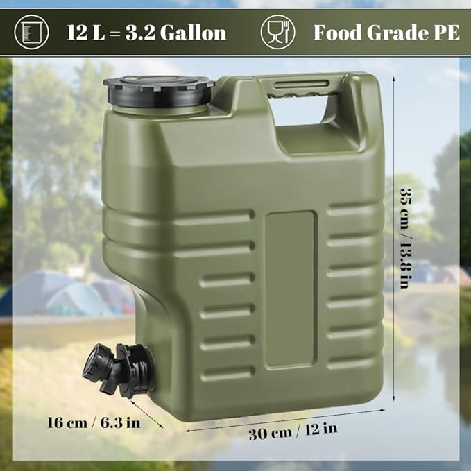 3.2 Gallon Camping Water Jug, Green Camping Water Container with Spigot, Portable Water Tank for Outdoors Hiking Picnic Emergency Supplies, BPA Free