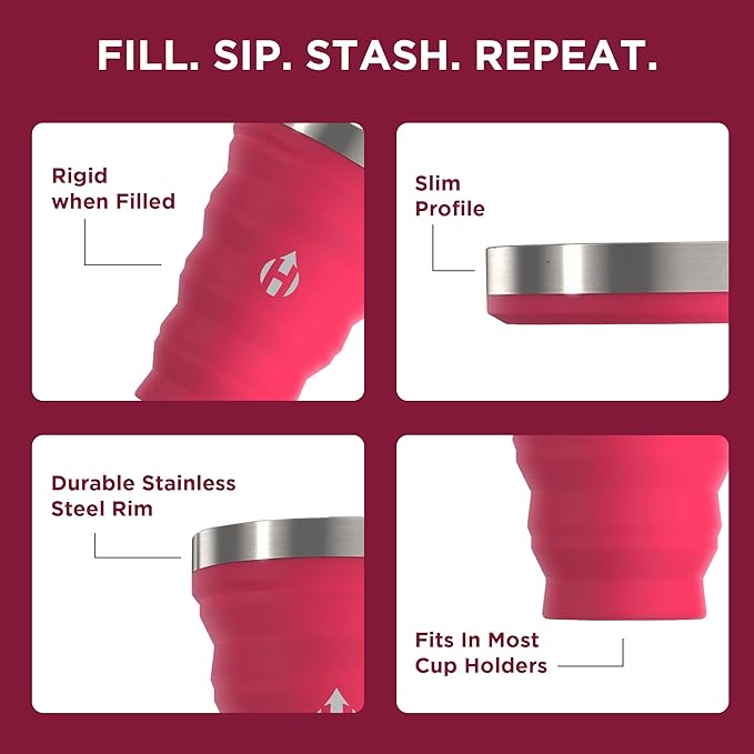 HYDAWAY Collapsible Pint - 16 oz, Silicone & Steel Rim I Collapsible Cup for Beer, Water & Soda, Portable Drinking Cup for Party, Camping, Backpacking & Hiking, Folding Travel Cups Collapse to 1-inch