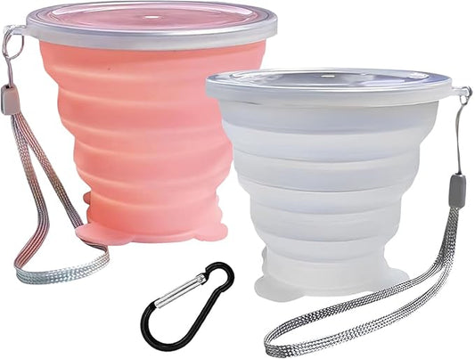 Collapsible Cups, Silicone Collapsible Travel Cup, Expandable Folding Camping Drinking Cup with Lids Reusable Small Portable Mugs Cup for Travel, Camping, Hiking, Outdoor Sports Pink White