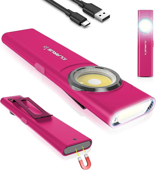 klarus E5 Pocket Flashlight, Rechargeable EDC Flashlight, Super Slim Flat 4.2x1x0.3inch, 470 Lumens, USB-C Port, IPX4, Dual Light Source with Magnetic Base, Hat & Clothes Clip - Red
