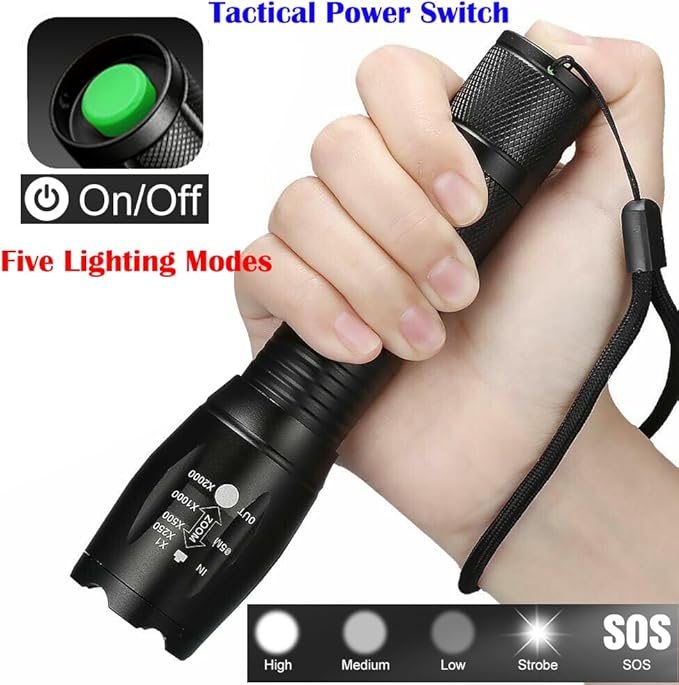 LED Flashlight, Bright 2000 Lumens Tactical Flashlights High Lumens with 5 Modes, Waterproof Zoomable Flash Light for Outdoor, for Emergency Student Dorm Camping Essentials Camper Gear, 1 Pack