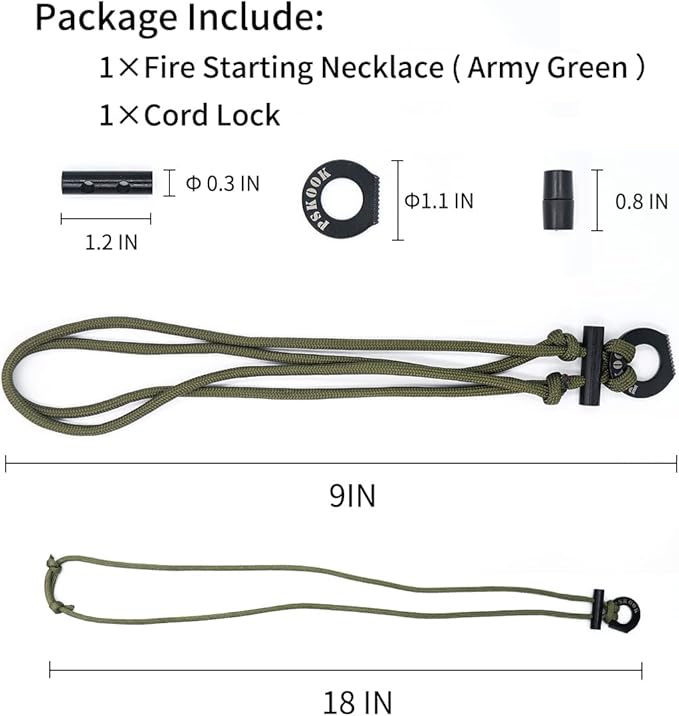 PSKOOK Fire Starter Necklace, Survival Paracord Necklace with Flint and Steel, Bushcraft Necklace for Camping, Hiking and Backpacking