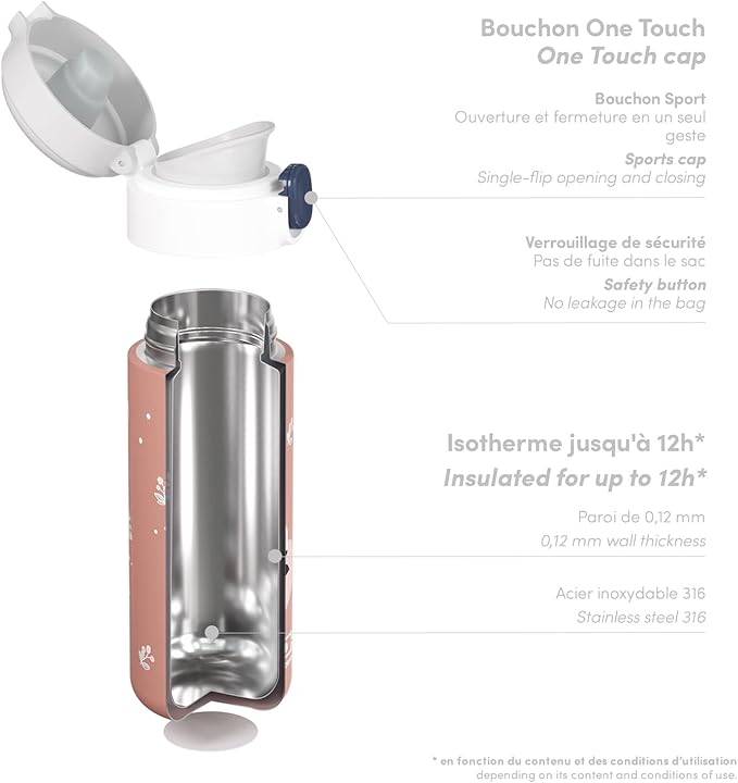 MONBENTO - Insulated Water Bottle MB Pop cinnamon Fox - 11 floz/360ml Leakproof Metal Water Bottle - Keeps Drinks Hot/Cold - Stainless Steel Bottle for Kids & Adult - Sports Cap - BPA Free - Fox