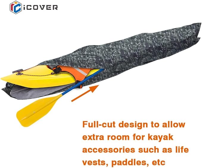 i COVER 13ft Kayak Cover- Water Proof Heavy Duty Kayaks/Canoe Covers Fits Canoes or Paddleboards up to 13ft Long and Beam Width up to 30in, Camo