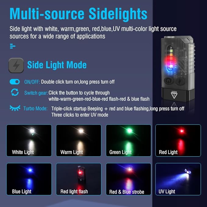 UniqueFire V10 Mini EDC Rechargeable Flashlight 1000 High Lumens, 365nm UV Blacklight 12 Modes Multi-Color Light Source, Small Pocket Keychain Light with Magnetic Base & Beeping Alarm