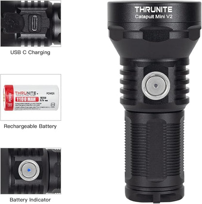 ThruNite Catapult Mini V2 LED Searchlight, 515 Meters Long Throw, High 1108 Lumens Rechargeable Flashlight for Law Enforcement, Search and Rescue, Emergency Signaling, EDC Use, Cool White