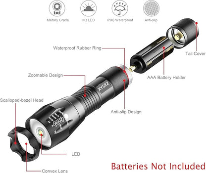 Tactical LED Flashlight Military Grade 5 Modes Zoomable Waterproof Flashlight for Emergency and Outdoor Use, Camping, Hiking, 4 Pack
