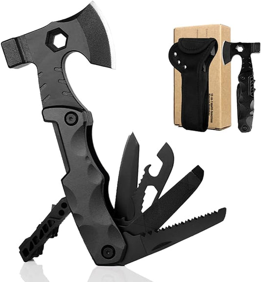 Cool Christmas Unique Gifts, Camping Survival Gear Multitool, Stocking Stuffers Camping Accessories Multitool Pocket Hatchet, for Dad Husband, Camping Tool with Mini Axe,Hammer, Knife, Nail File