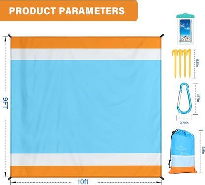 Beach Blanket Oversized Extra Large 10'X 9',Waterproof Sandproof Beach Blanket 2-8 Adults Lightweight Durable for Travel Camping Hiking Picnic (10'X 9', Orange&Blue)