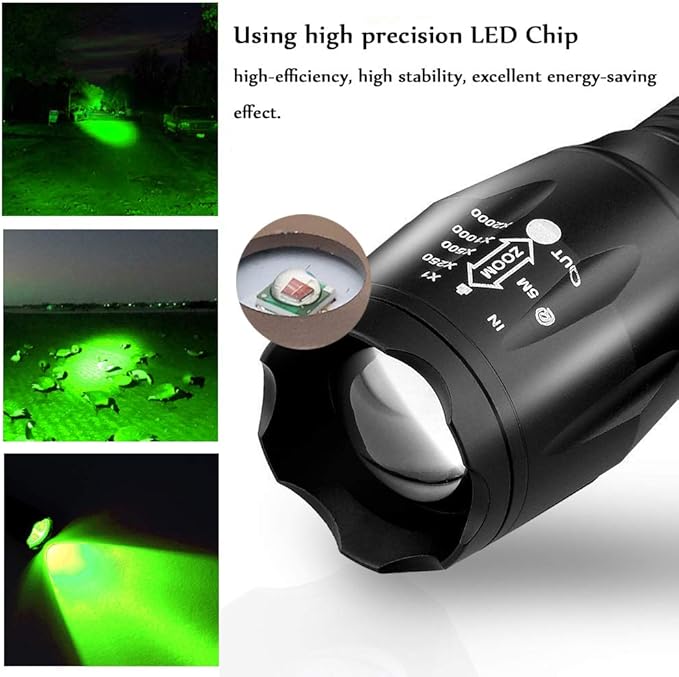 Green LED Flashlight Single Mode Hunting Light with Zoomable and Waterproof for Hunting Predator Fishing