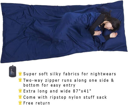 Browint Premium Sleeping Bag Liner with All Around Two-Way Zippers, 87"x41" Extra Wide Sleeping Sack for Hotel, Breathable Lightweight Travel Sheet, Multifunctional Bed Sheet for Camping, All Seasons