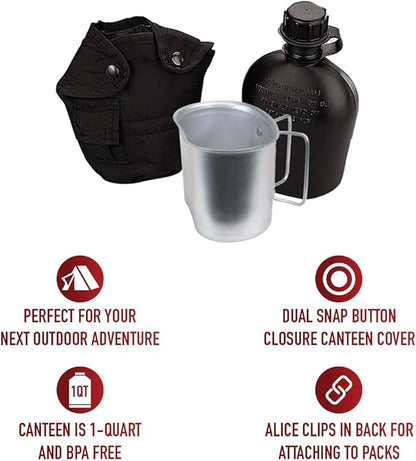 3PC Canteen KIT W/Cover &Aluminum Cup-Black