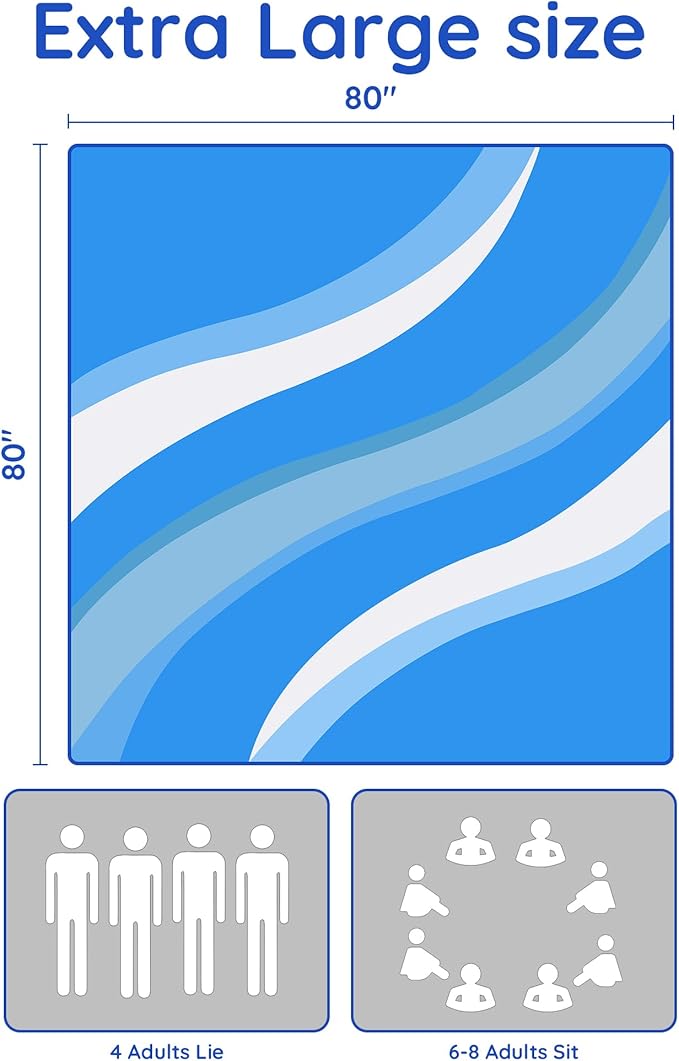 Beach Blanket Sandproof, Extra Large Beach Mat 80"*80" for 1-8 Persons,Waterproof Outdoor Picnic Blankets, Lightweight Beach Essentials for Camping,Traveling,Hiking(Light Blue, 80"*80")