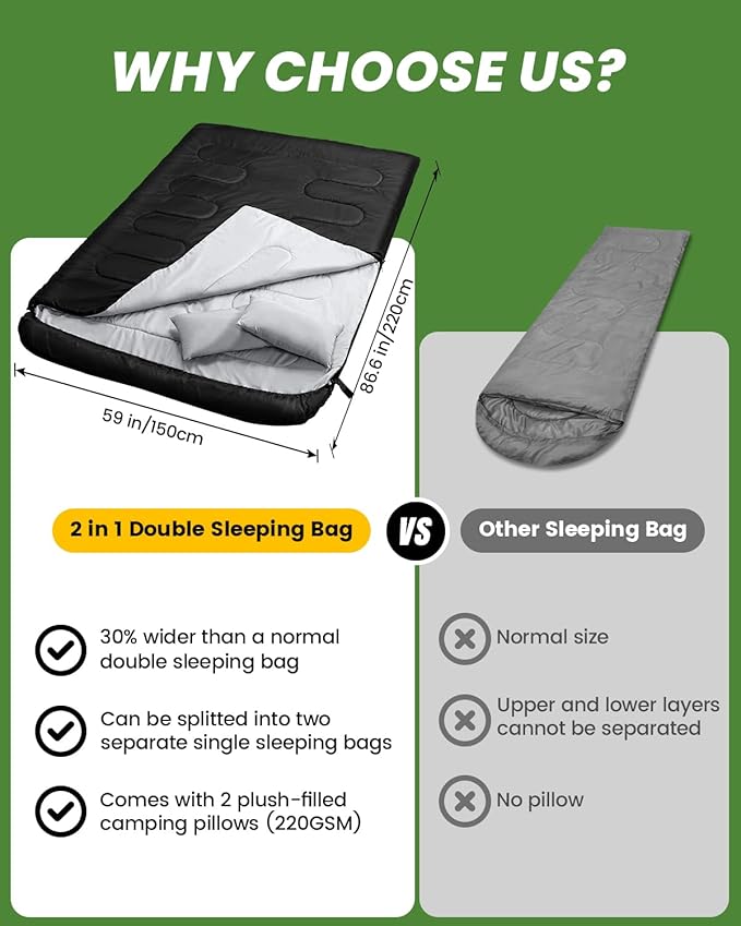 Sportneer Double Sleeping Bag for Adults with 2 Pillows, Queen Size Two Person Sleeping Bag for All Season, 2 Person Sleeping Bags for Cold Weather Camping Hiking Backpacking