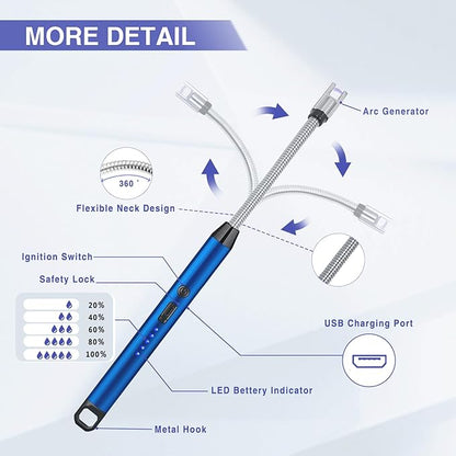 2 PCS Candle Lighter, Electric Lighter Arc Windproof Flameless with 360° Flexible Neck & LED Power Display,USB Rechargeable Lighter for BBQ, Grill, Camping, Fireplace, Stove(Blue)