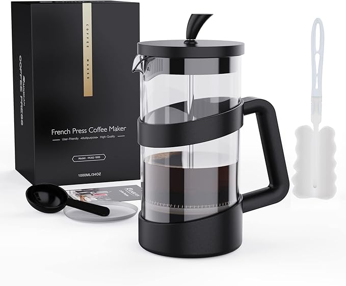 RAINBEAN Large French Press Glass Travel Camping Coffee Makers Pot, 34 oz Portable Cold Heat Press Coffee Tea Brewer