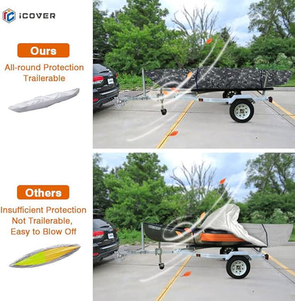 i COVER 13ft Kayak Cover- Water Proof Heavy Duty Kayaks/Canoe Covers Fits Canoes or Paddleboards up to 13ft Long and Beam Width up to 30in, Camo