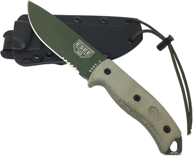 ESEE Authentic Model 5 Tactical Survival Fixed Blade Knife - Ambidextrous Kydex Sheath - SERE Team Designed (ESEE-5S-OD-E)