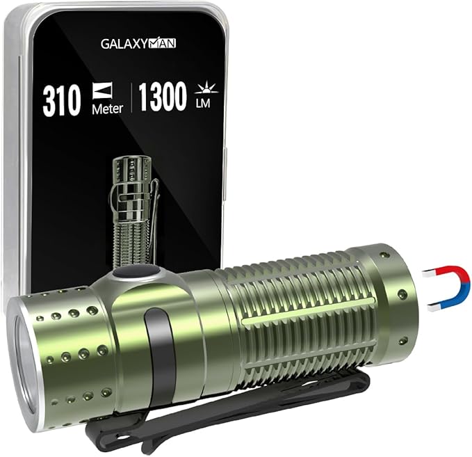 Mini EDC Flashlight Rechargeable, 1300 High Lumen LED Pocket Flash Light with Magnetic Base, 310M Long Throw Compact Waterproof Small Powerful Light for Home, Camping, Emergencies-Green