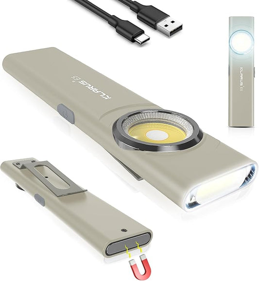 klarus E5 Pocket Flashlight, Rechargeable EDC Flashlight, Super Slim Flat 4.2x1x0.3inch, 470 Lumens, USB-C Port, IPX4, Dual Light Source with Magnetic Base, Hat & Clothes Clip - Grey