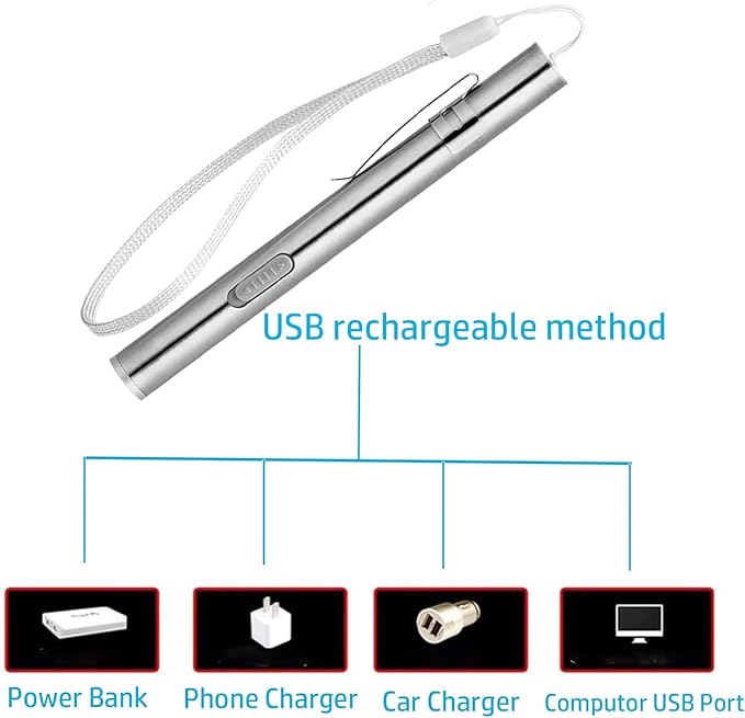 yuentoen Pen Light Flashlight, Rechargeable LED Super Bright Flashlight with Stainless Steel Clip and USB Cable for Home Camping Outdoor and Emergency - Silver