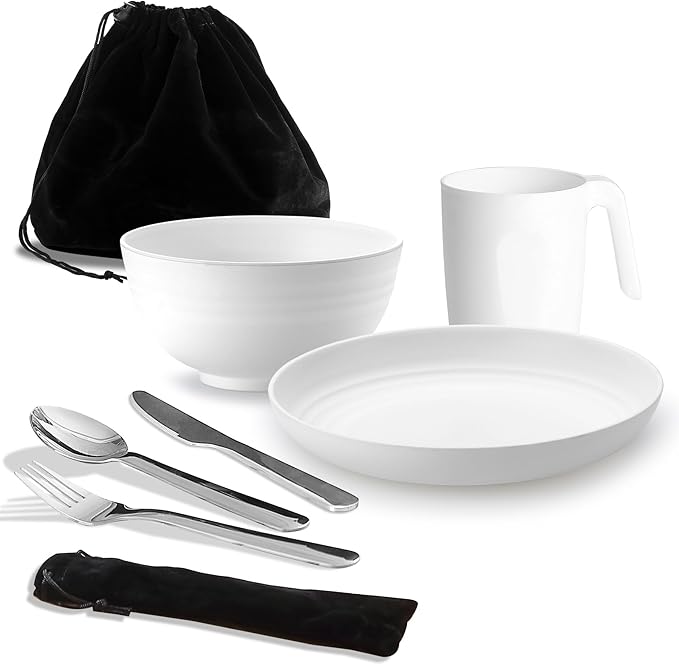 Camping Utensils, Reanea amping Mess Kit for Travel, Camping, Picnic, Outdoor, Camping Gear Include Knife, Spoon, Fork Cutlery Set, Cup, Bowl, Plate, Camping Essentials for 1