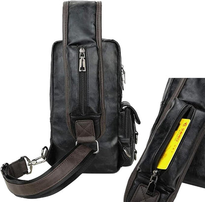 Leather Sling Bag Backpack for Men Women Cross Body Shoulder Chest Pack Outdoor Travel Camping Fishing Hunting Hiking Handbag Crossbody Daypack Black