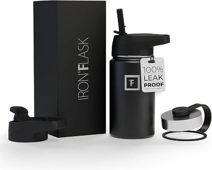 IRON °FLASK Camping & Hiking Hydration Flask, Wide Mouth, 3 Straw Lids, Stainless Steel Outdoor Water Bottle, Double Walled, Insulated Thermos, Metal Canteen - Midnight Black, 14 Oz
