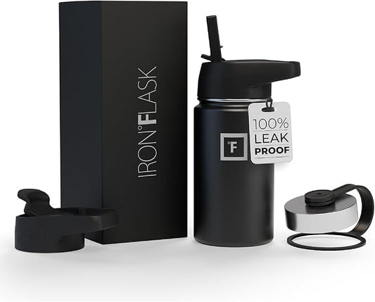 IRON °FLASK Camping & Hiking Hydration Flask, Wide Mouth, 3 Straw Lids, Stainless Steel Outdoor Water Bottle, Double Walled, Insulated Thermos, Metal Canteen - Midnight Black, 14 Oz