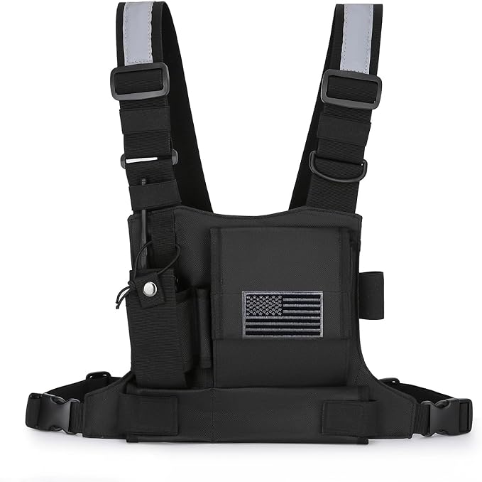 Chest Bag Vest Rig For Two Way Radio Walkie Talkie Universal Hands Freely Front Chest Pack Radio Holster With Phone Holder Hiphop Harness Bag (Coal)