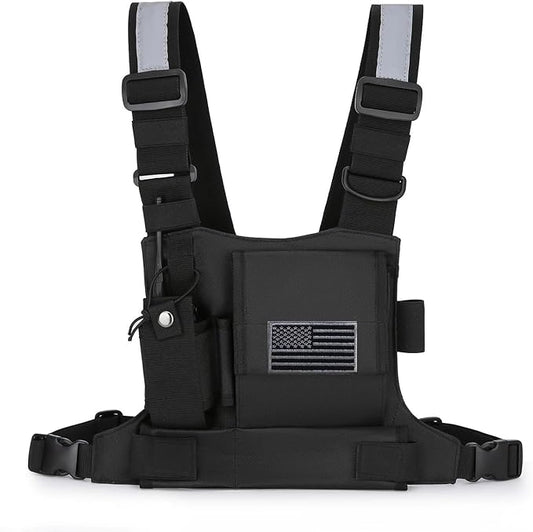 Chest Bag Vest Rig For Two Way Radio Walkie Talkie Universal Hands Freely Front Chest Pack Radio Holster With Phone Holder Hiphop Harness Bag (Coal)