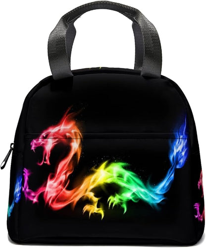 Giwawa Rainbow Dragon Insulated Lunch Bag Colorful Fire Animal Print Reusable Lunch Cooler Tote Box with Front Pocket & Zipper Closure for Kids Woman Man Work Picnic Travel