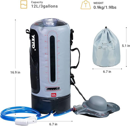 YETO 12L/3.17 Gallons Portable Camping Shower Portable Shower for Camping Camp Shower Solar Shower Outside Shower with Pressure Foot Pump and Handy Nozzle Camping Showers Camping Shower Bag, GREY-12L