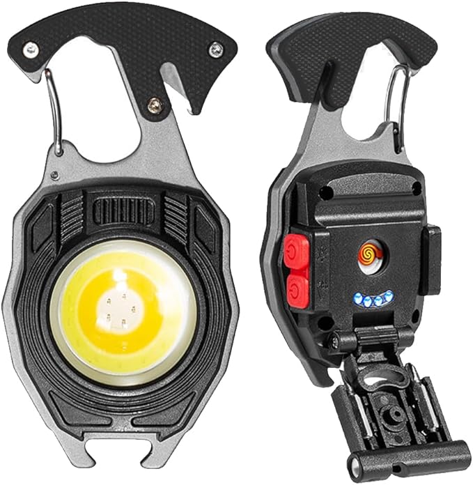 LED Small Flashlight Multitool, Rechargeable Keychain Light, COB Multi-Function Mini Work Light, 500 Lumens, 7 Lighting Modes with Electric Lighter, Seat Belt Cutter, Screwdriver, Whistle