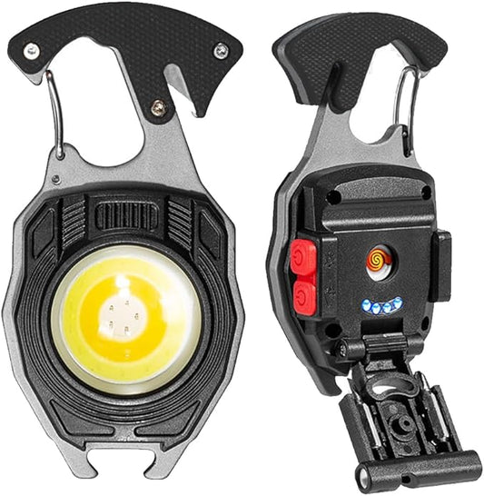 LED Small Flashlight Multitool, Rechargeable Keychain Light, COB Multi-Function Mini Work Light, 500 Lumens, 7 Lighting Modes with Electric Lighter, Seat Belt Cutter, Screwdriver, Whistle