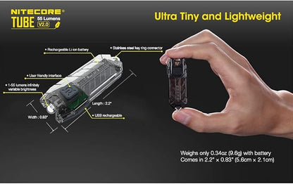 Nitecore Tube V2.0 Keychain Flashlight, 55 Lumen USB Rechargeable Ultralight Lightweight (Azure)