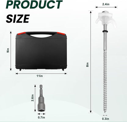 12 Pack 8-inch Heavy Duty Metal Tent Nails - Anchor Screws - Head That Will Glow at Night - Outdoor Camping - Metal Threaded Tent Nails and Hexagonal Head Drive and Storage Box (White)