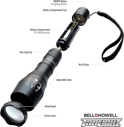 Bell+Howell Taclight Flashlight w/Holster LED Tactical Flashlight 5 Modes & Zoom Function 22X Brighter WaterProof Security Flashlight High Lumens for Outdoor Camping Accessories As Seen On TV