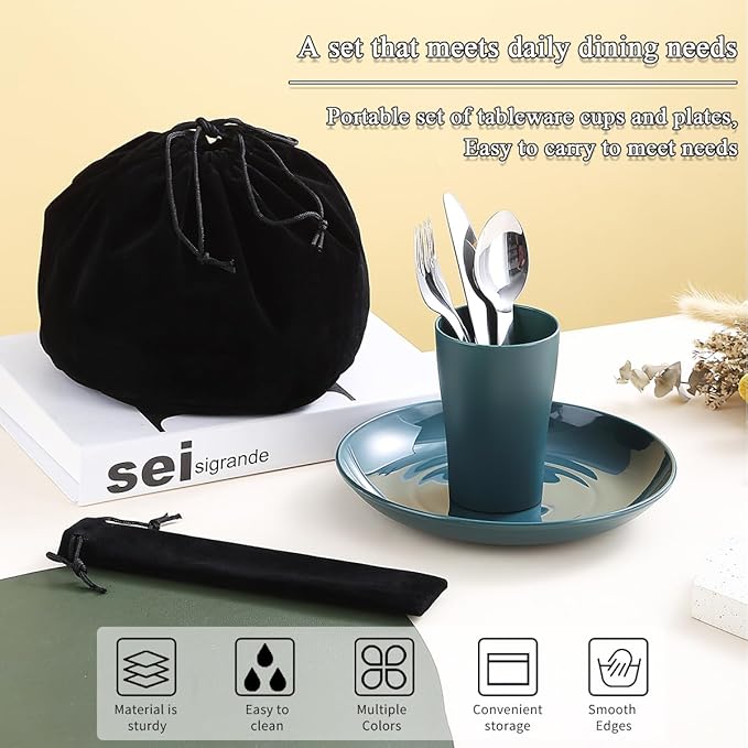 Camping Utensils Mess Kit, Including Camping Spoon, Fork, Knife, Plate and Cup Packed in a Portable Bag, Easy to Carry, Dishwasher Safe
