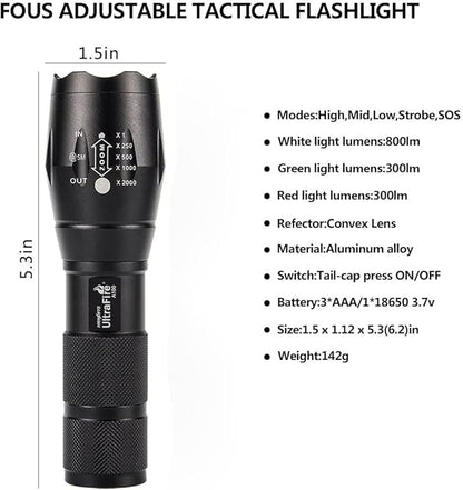ULTRAFIRE A100 Tactical Flashlight, 800 Lumens 5 Modes LED Zoomable Hunting Flashlight Torch with Duty Belt Flashlight Holster, Red/Green/White Exchange Glass