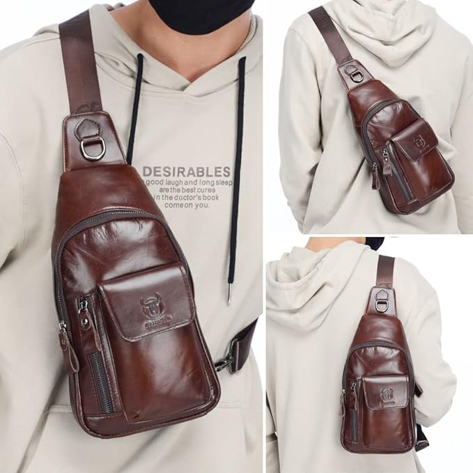 KPYWZER Leather Sling Bag Hiking Daypack for Men Women Outdoor Travel Camping Fishing Crossbody Shoulder Chest Pack Backpack Daypack Brown