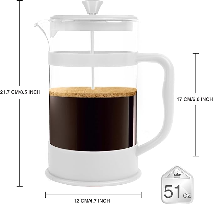 Utopia Kitchen 51 Ounce 1.5 Liter French Press Coffee Maker, Tea Maker, Travel Coffee Presses, Heat Resistant Thickened Borosilicate Coffee Pot for Camping Travel Gifts, White Pack of 1