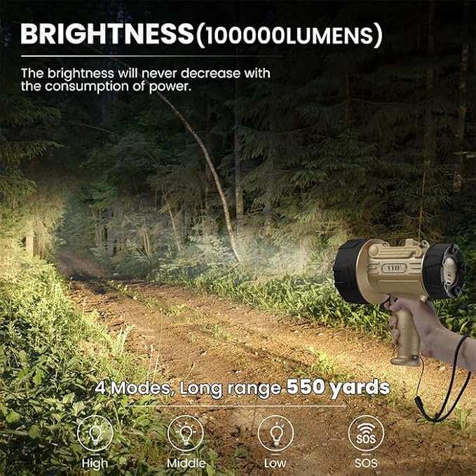 Rechargeable Spotlight, Handheld Spotlight with COB Light Source, IPX6 Waterproof &100000 Lumen LED, 10000mAh 20 Hour StandbyImpact Resistant Handheld Spotlight(Champagne)