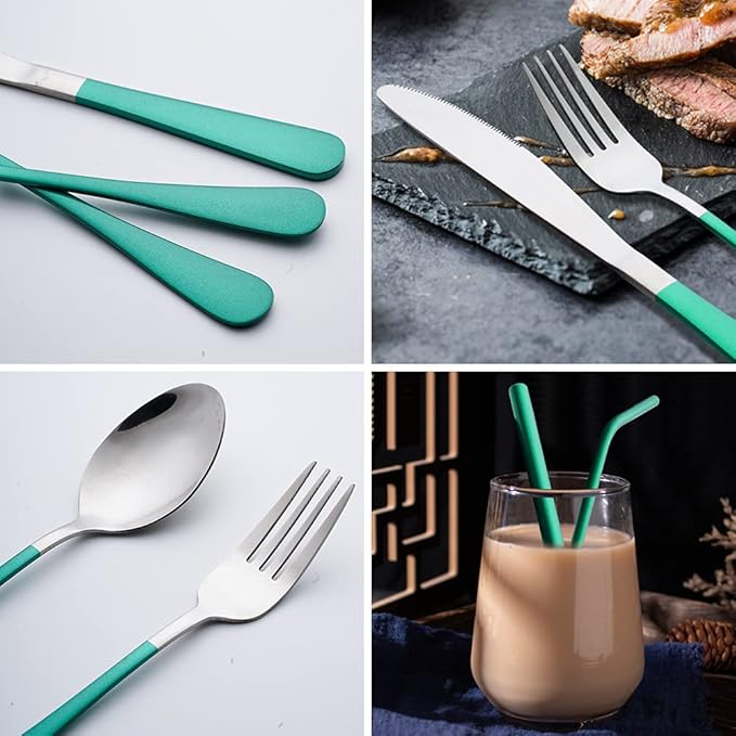Travel Utensils with Case, Portable Travel Utensils Cutlery Set Stainless Steel Flatware Set for Camping 8pcs Including Dinner Knife Fork Spoon Chopsticks Boba Straw (Green)