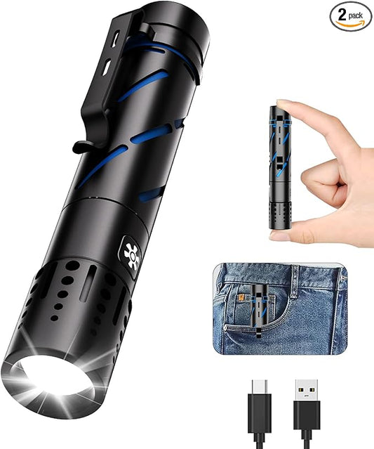 Rechargeable Flashlight with Long Beam and Belt Clip Small Flashlight with 5 Modes Zoomable Waterproof Adjustable Brightness High Lumens Powerful Handheld Flashlight for Outdoor Emergency Camping