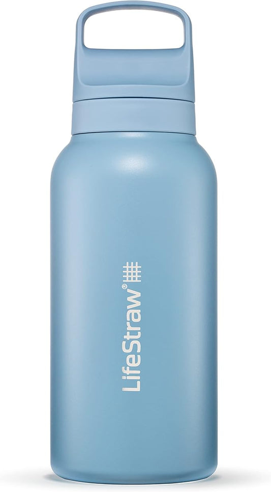 LifeStraw Go Series – Insulated Stainless Steel Water Filter Bottle for Travel and Everyday use removes Bacteria, parasites and microplastics, Improves Taste, 1L Icelandic Blue